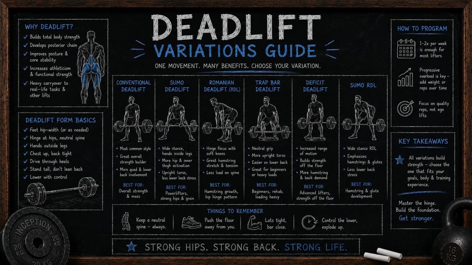 Chalkboard infographic comparing deadlift variations: conventional, sumo, Romanian, trap bar, deficit, and sumo RDL, with what each is best for, deadlift form basics, programming tips, and the reminder that all variations build strength