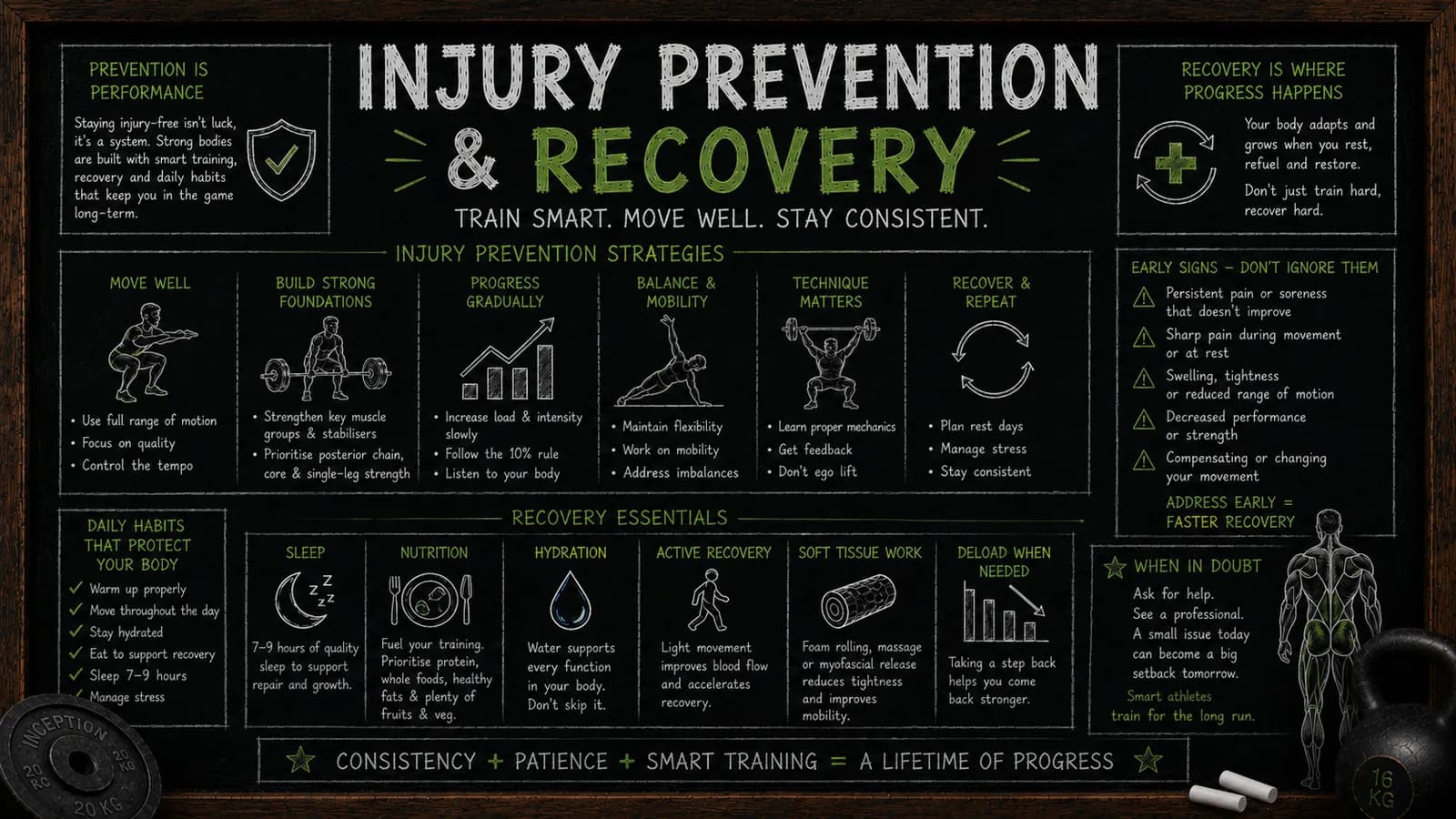 Chalkboard infographic on injury prevention and recovery: prevention strategies, recovery essentials like sleep, nutrition, hydration and soft tissue work, early warning signs not to ignore, and daily habits that protect your body