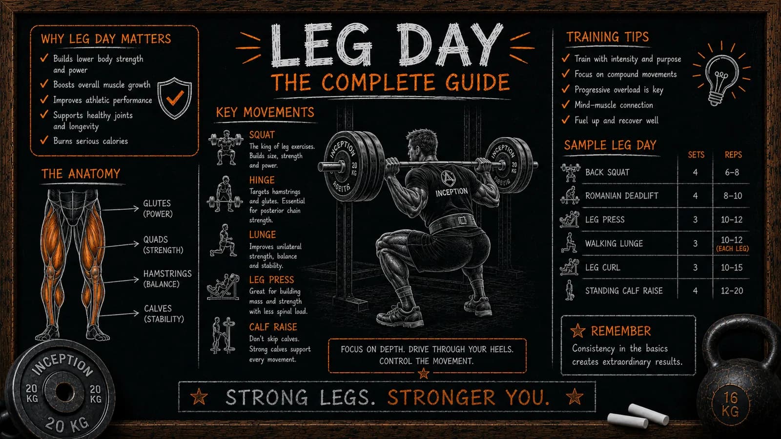 Chalkboard infographic of a complete leg day: key movements including squat, hinge, lunge, leg press and calf raise, leg anatomy, training tips, and a sample leg day with sets and reps for each exercise