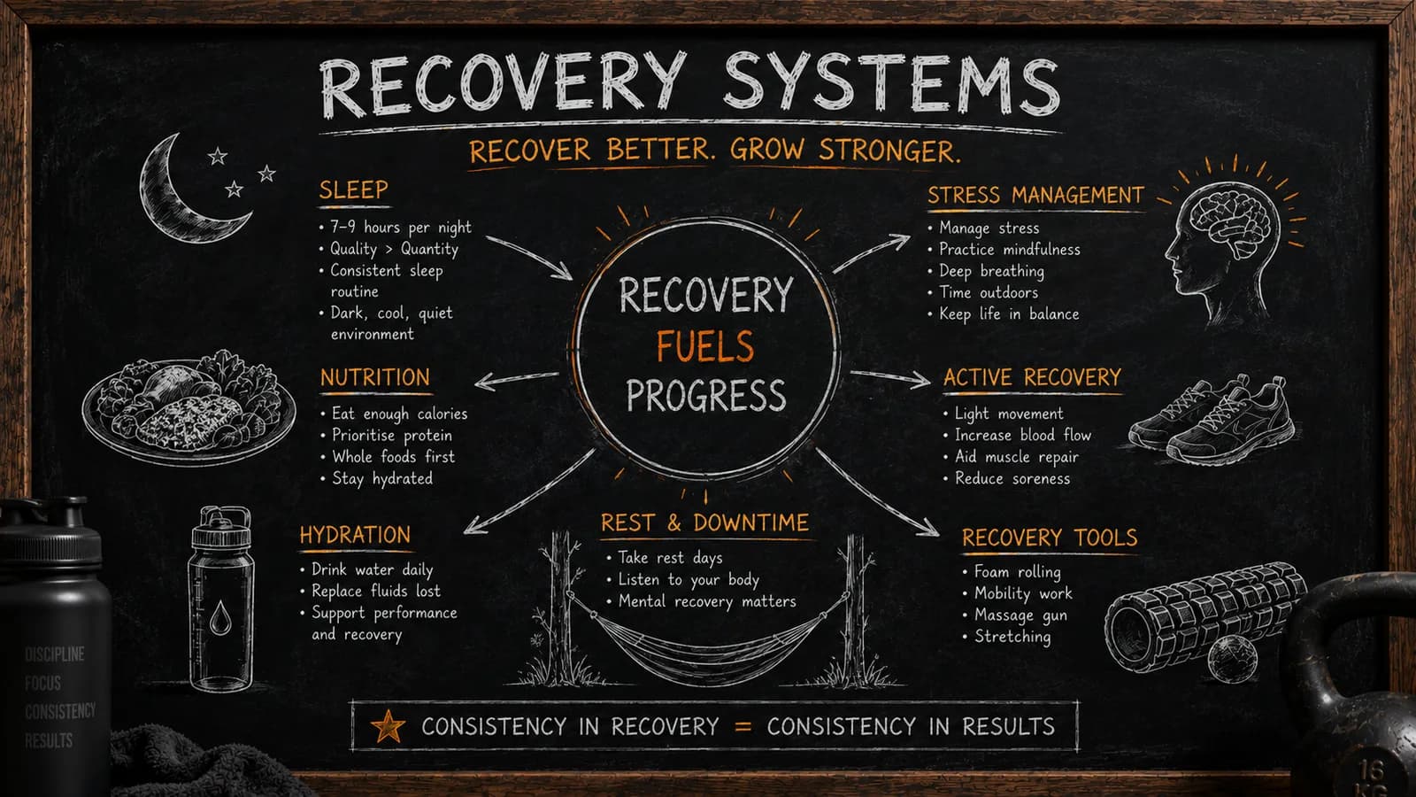 Chalkboard infographic of recovery systems that fuel progress: sleep, nutrition, hydration, stress management, active recovery, rest and downtime, and recovery tools, showing consistency in recovery drives consistency in results