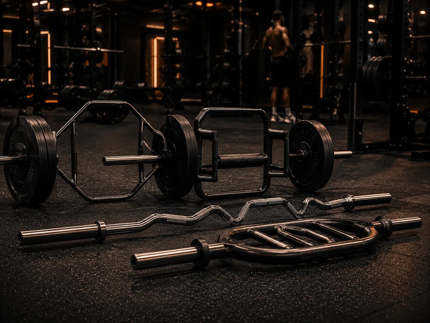 Specialty barbells including trap bar and multi-grip bar in the free weights area at Inception Gym Christchurch