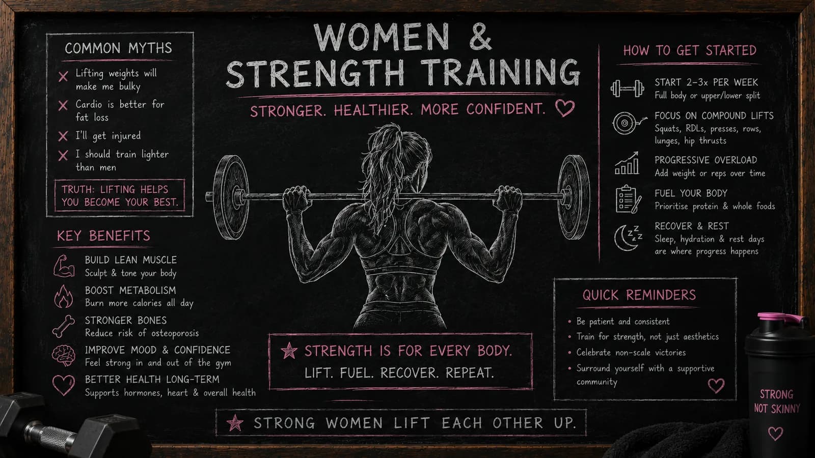Chalkboard infographic on women and strength training: common myths debunked, key benefits like lean muscle, stronger bones and better mood, how to get started with compound lifts and progressive overload, and the message that strength is for every body